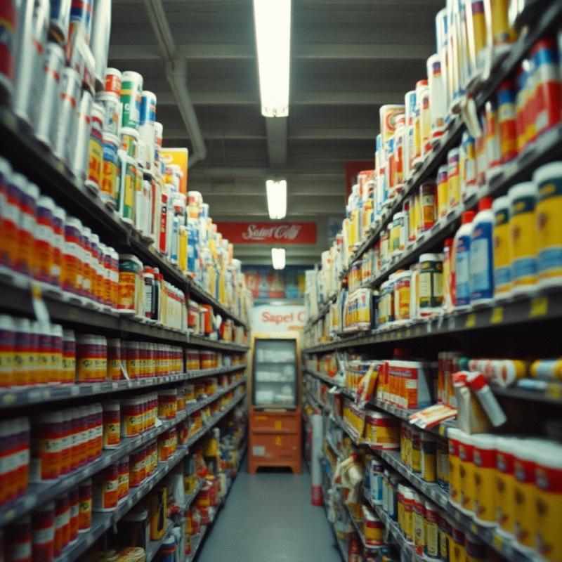 Hardware store aisle with many sealant and paint products to choose from